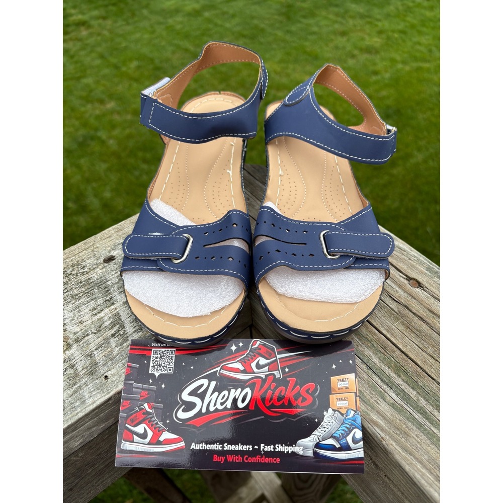 Navy Blue Wedge Sandals Comfort‎ Adjustable Straps White Stitching Size 43